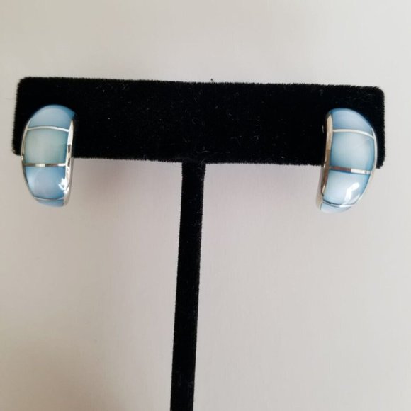Blue Mother of Pearl Inlay High Polish 925 Sterling Silver Half Hoop Earring - Picture 1 of 6